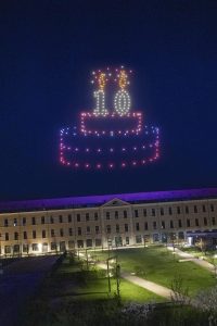 Illuminated drone show representing a cake for INSA's 10th anniversary event