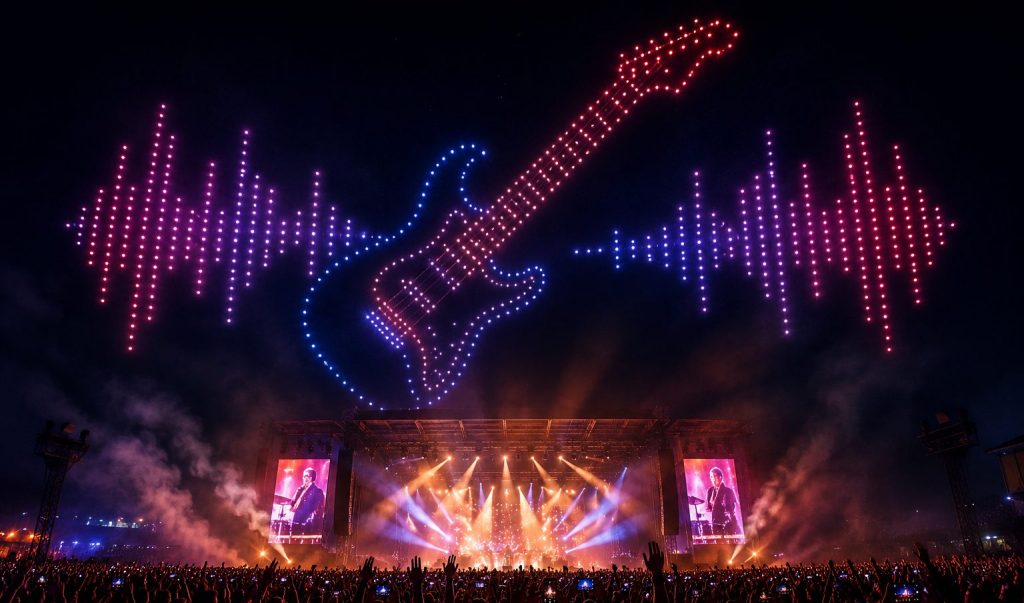 Spectacle de drones lumineux synchronisé avec un concert en plein air