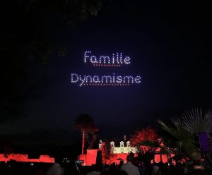 Spectacle de drones lumineux corporate affichant les mots “Famille” et “Dynamisme” dans le ciel