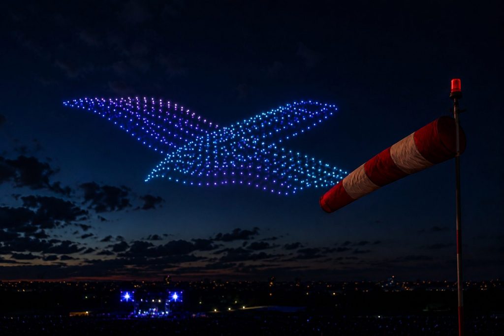 Manche à air au premier plan avec un spectacle de drones lumineux en arrière-plan illustrant l’influence du vent sur les spectacles de drones.